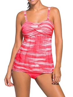 Aleumdr Women's Solid Ruched Tankini Top Swimsuit with Triangle Briefs