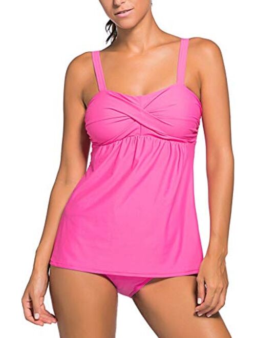 Aleumdr Women's Solid Ruched Tankini Top Swimsuit with Triangle Briefs