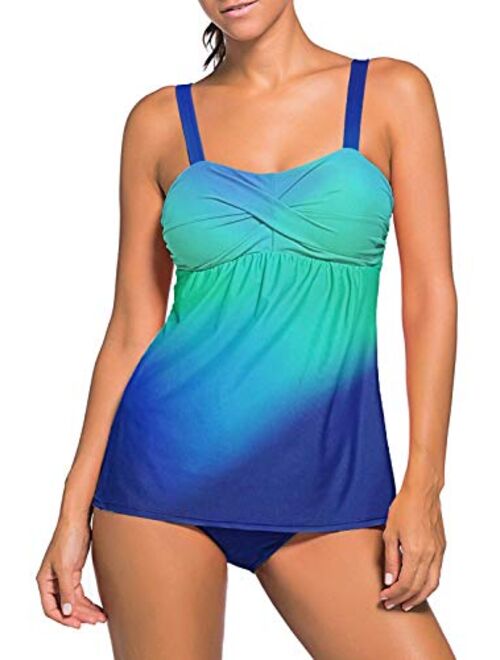 Aleumdr Women's Solid Ruched Tankini Top Swimsuit with Triangle Briefs