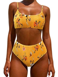 Women's Bandeau Bikini Sets Cute Shirred Swimsuit High Waisted Bathing Suit