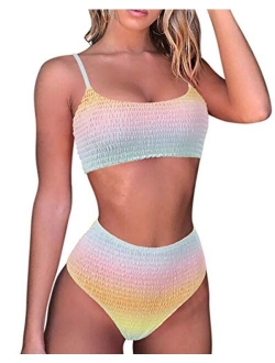 Women's Bandeau Bikini Sets Cute Shirred Swimsuit High Waisted Bathing Suit