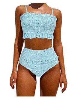 Women's Bandeau Bikini Sets Cute Shirred Swimsuit High Waisted Bathing Suit