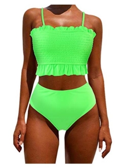 Women's Bandeau Bikini Sets Cute Shirred Swimsuit High Waisted Bathing Suit