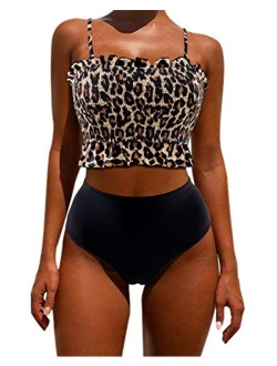 Women's Bandeau Bikini Sets Cute Shirred Swimsuit High Waisted Bathing Suit