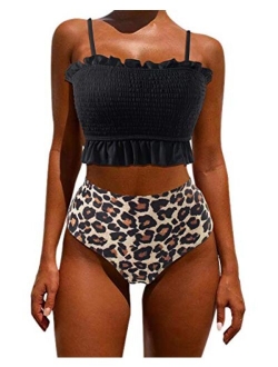 Women's Bandeau Bikini Sets Cute Shirred Swimsuit High Waisted Bathing Suit