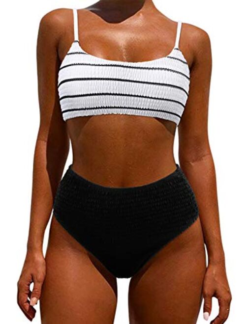 OMKAGI Women's Bandeau Bikini Sets Cute Shirred Swimsuit High Waisted Bathing Suit