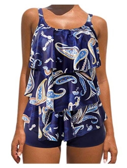 Womens Tankini Bathing Suits Swimdress Tribal Print Swimsuits with Boyshort