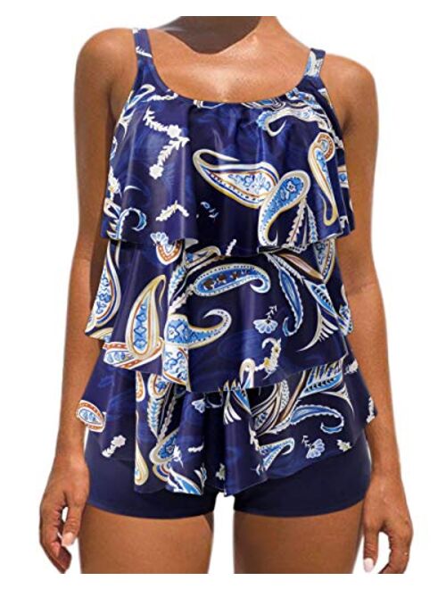 OMKAGI Womens Tankini Bathing Suits Swimdress Tribal Print Swimsuits with Boyshort