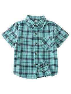 Boys Button Down Short Sleeve Shirts Toddler Buffalo Plaid Shirt with Pocket School Uniform Dress Shirt