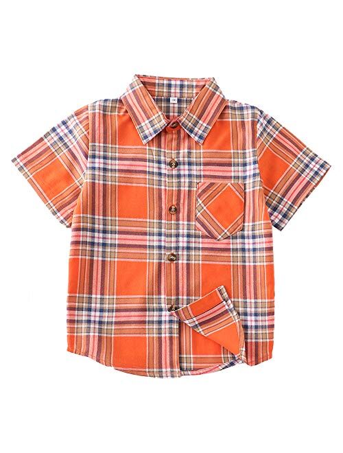 Boys Button Down Short Sleeve Shirts Toddler Buffalo Plaid Shirt with Pocket School Uniform Dress Shirt