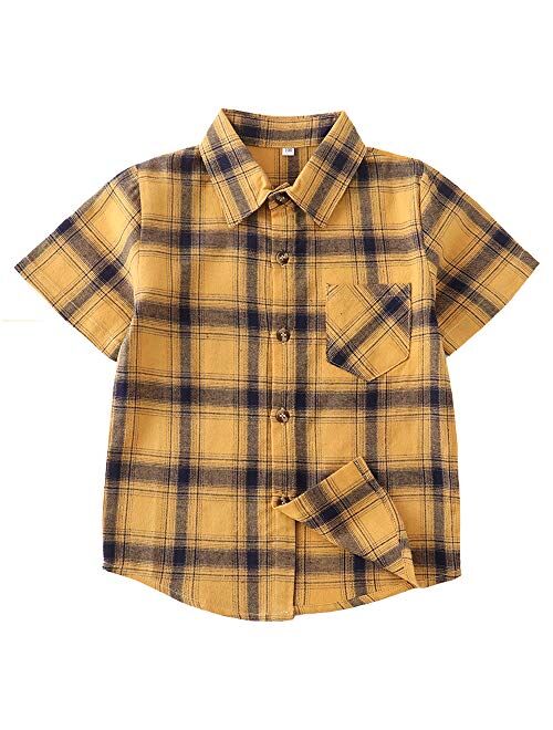 Boys Button Down Short Sleeve Shirts Toddler Buffalo Plaid Shirt with Pocket School Uniform Dress Shirt