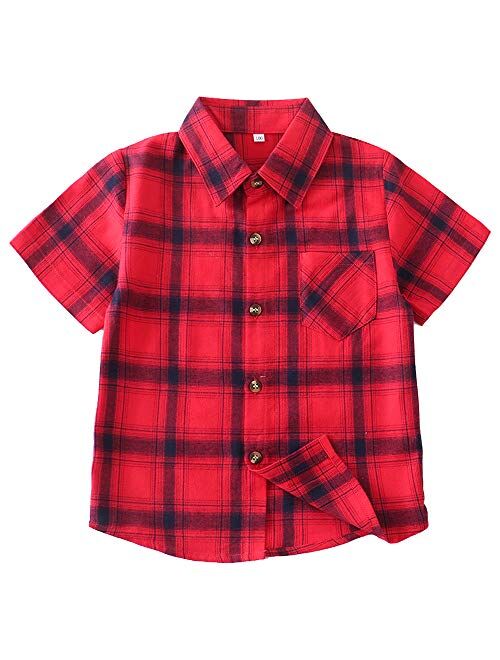 Boys Button Down Short Sleeve Shirts Toddler Buffalo Plaid Shirt with Pocket School Uniform Dress Shirt