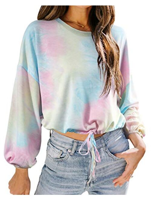 OMKAGI Women Tie Dye Cropped Casual Crewneck Long Sleeve Crop Top Sweatshirts