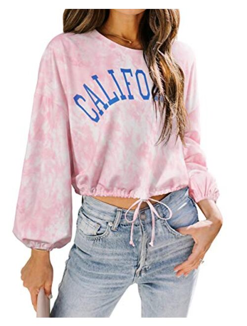 OMKAGI Women Tie Dye Cropped Casual Crewneck Long Sleeve Crop Top Sweatshirts