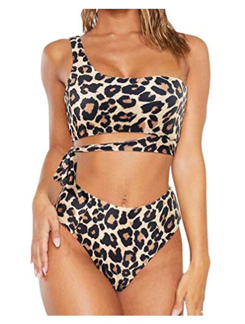 OMKAGI Women Leopard One Shoulder High Waisted Bikini Tie Knot 2 Piece Swimsuits