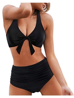 Women Tie Knot High Waisted Bikini Push Up Shirred Swimsuit 2 Piece