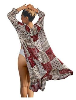 Women Floral Open Front Kimono Cardigan Loose Sheer Chiffon Beach Cover Ups