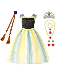 Princess Costumes Birthday Party Dress Up for Little Girls with Wig,Crown,Mace,Gloves Accessories 3-12 Years