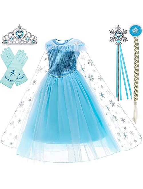 Princess Costumes Birthday Party Dress Up for Little Girls with Wig,Crown,Mace,Gloves Accessories 3-12 Years