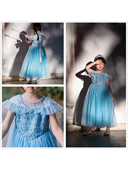 Princess Costumes Birthday Party Dress Up for Little Girls with Wig,Crown,Mace,Gloves Accessories 3-12 Years