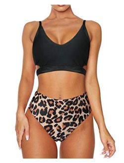 Womens String Leopard Print High Waisted Bikini Tie Knot 2 Piece Swimsuit