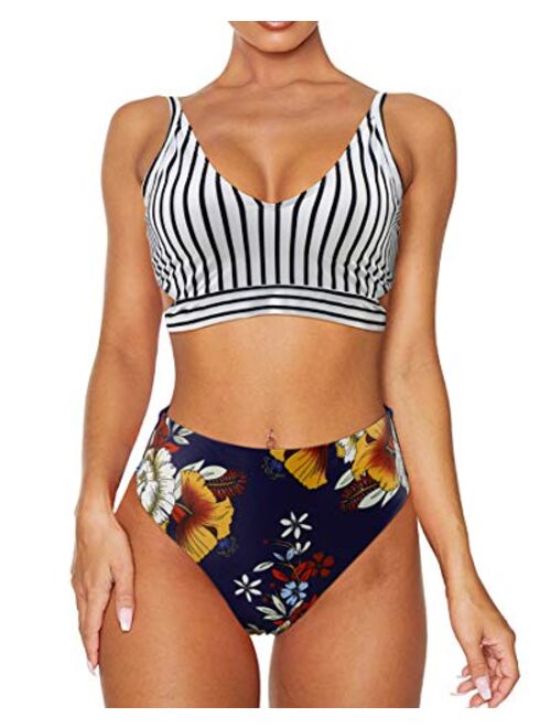 OMKAGI Women’s String Leopard Print High Waisted Bikini Tie Knot 2 Piece Swimsuit