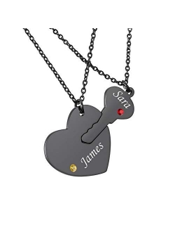 HOUSWEETY Stainless Steel Personalized Key Heart Puzzle Necklace Set with Birthstones - Custom Made with Any Name