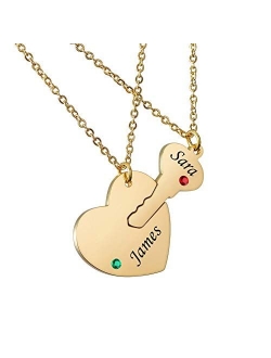 HOUSWEETY Stainless Steel Personalized Key Heart Puzzle Necklace Set with Birthstones - Custom Made with Any Name