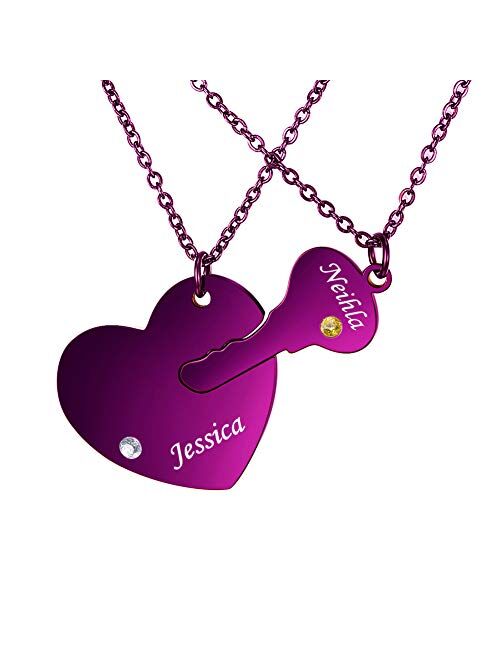 HOUSWEETY Stainless Steel Personalized Key Heart Puzzle Necklace Set with Birthstones - Custom Made with Any Name