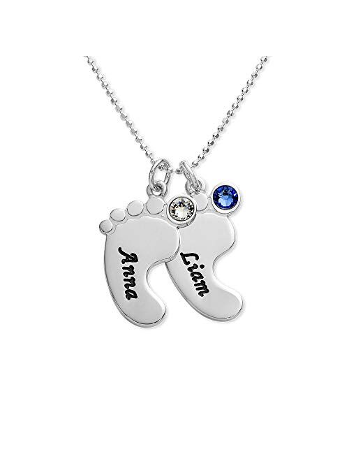 MyNameNecklace Personalized Engraved Baby Feet Charms Name Necklace with Swarovski Crystals or Diamond - Mom Wife Mother Day Jewelry Gift