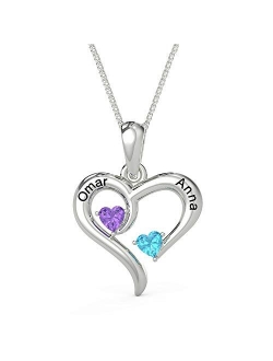 ROSI AUDIO PRO 925 Sterling Silver Personalized 2 Names Necklace with 2 Heart Simulated Birthstone