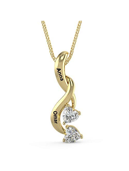 ROSI AUDIO PRO 925 Sterling Silver Personalized 2 Names Necklace with 2 Heart Simulated Birthstone