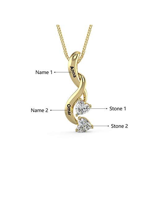 ROSI AUDIO PRO 925 Sterling Silver Personalized 2 Names Necklace with 2 Heart Simulated Birthstone