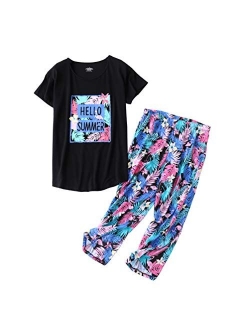 ENJOYNIGHT Women's Cute Sleepwear Tops with Capri Pants Pajama Sets