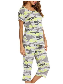 ENJOYNIGHT Women's Cute Sleepwear Tops with Capri Pants Pajama Sets