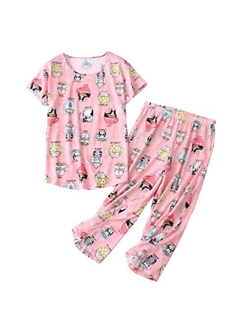 ENJOYNIGHT Women's Cute Sleepwear Tops with Capri Pants Pajama Sets