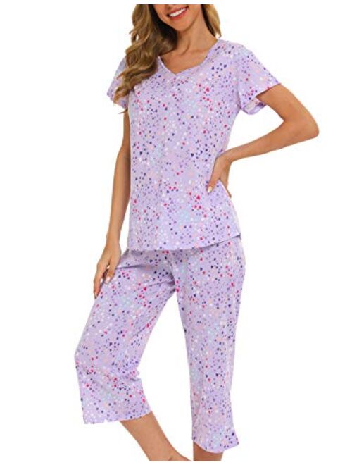 ENJOYNIGHT Women's Cute Sleepwear Tops with Capri Pants Pajama Sets