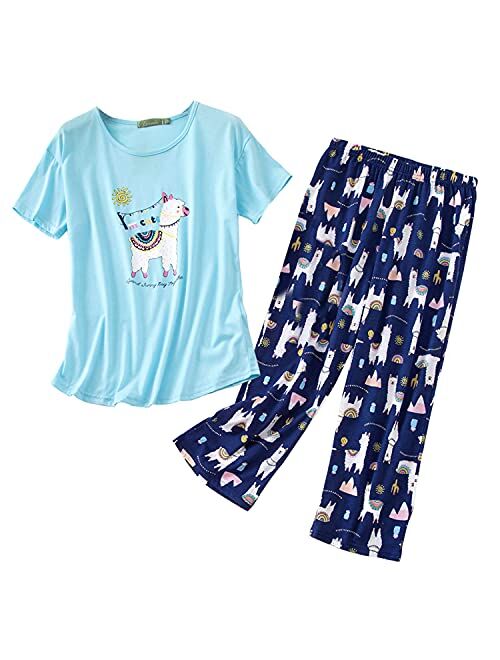 ENJOYNIGHT Women's Cute Sleepwear Tops with Capri Pants Pajama Sets