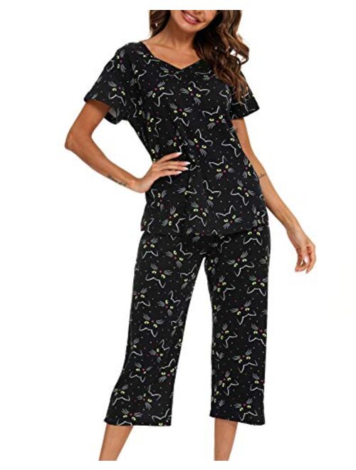 ENJOYNIGHT Women's Cute Sleepwear Tops with Capri Pants Pajama Sets