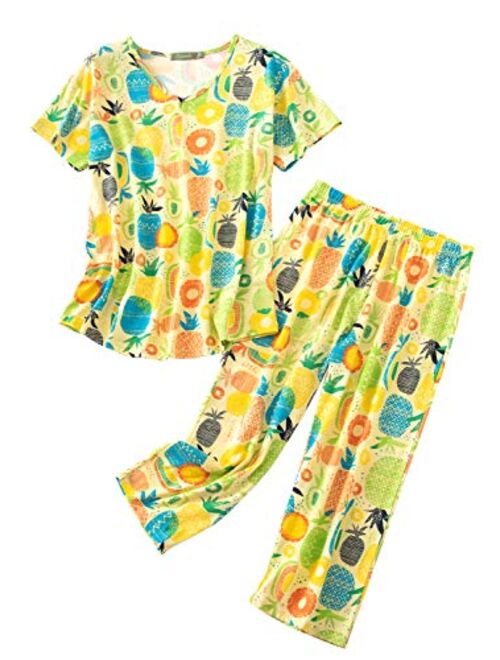 ENJOYNIGHT Women's Cute Sleepwear Tops with Capri Pants Pajama Sets