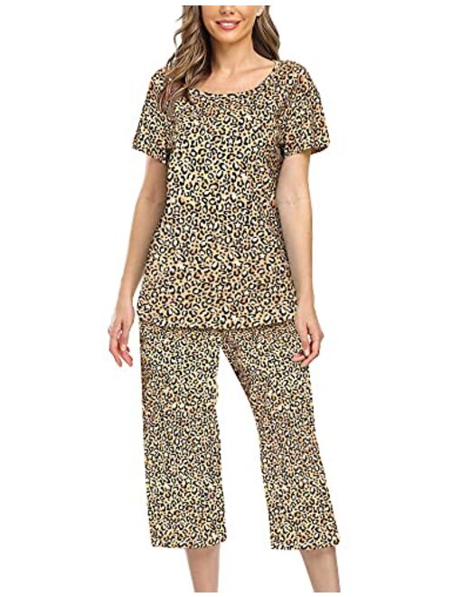 ENJOYNIGHT Women's Cute Sleepwear Tops with Capri Pants Pajama Sets