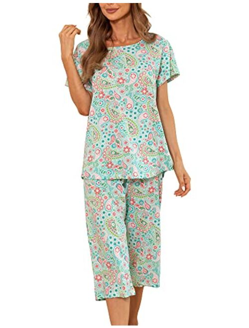 ENJOYNIGHT Women's Cute Sleepwear Tops with Capri Pants Pajama Sets