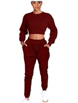 Mizoci Women's 2 Piece Outfits Workout Tracksuit Long Sleeve Crop knitted lounge set