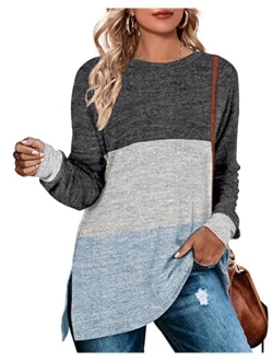 WEESO Women's Long Sleeve Sweatshirts Color Block Crewneck Sweaters Tunic Tops