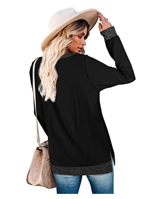 WEESO Women's Long Sleeve Sweatshirts Color Block Crewneck Sweaters Tunic Tops