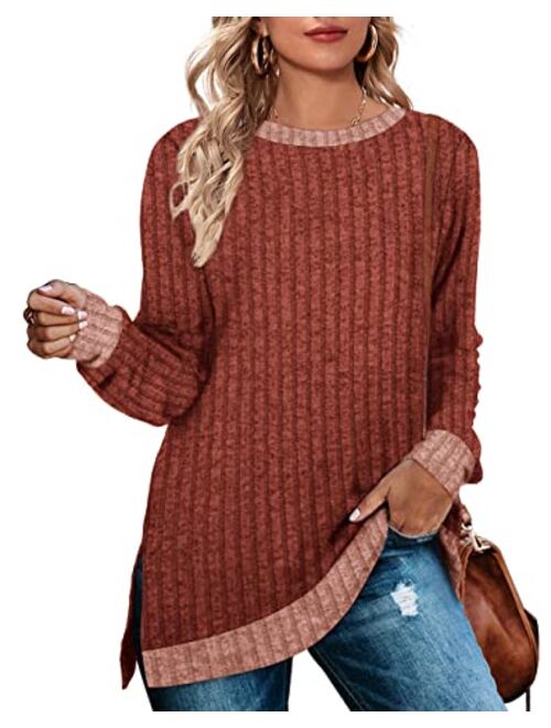 WEESO Women's Long Sleeve Sweatshirts Color Block Crewneck Sweaters Tunic Tops