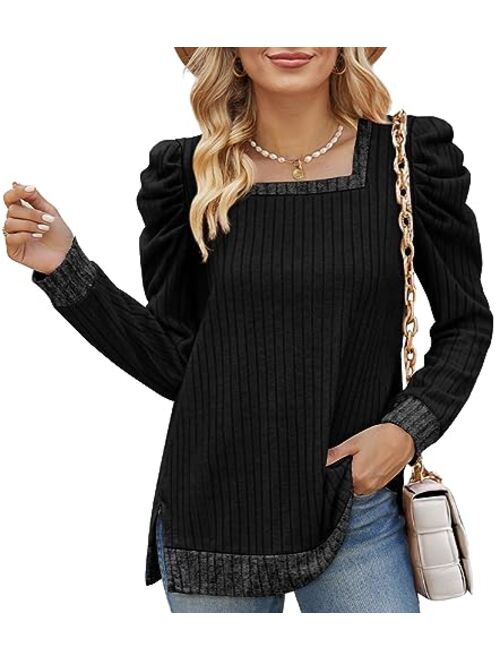 WEESO Women's Long Sleeve Sweatshirts Color Block Crewneck Sweaters Tunic Tops