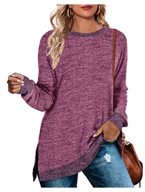 WEESO Women's Long Sleeve Sweatshirts Color Block Crewneck Sweaters Tunic Tops