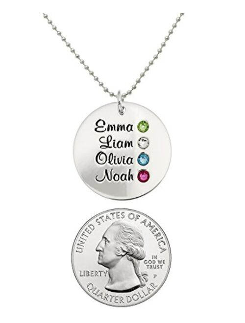 AJ's Collection Personalized Round Four Stacked Names Sterling Silver Necklace With Birthstone