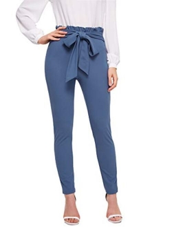 Yidarton Womens Cropped Pants Paper Bag Waist Self-tie Belted Pants Casual Trousers with Pockets